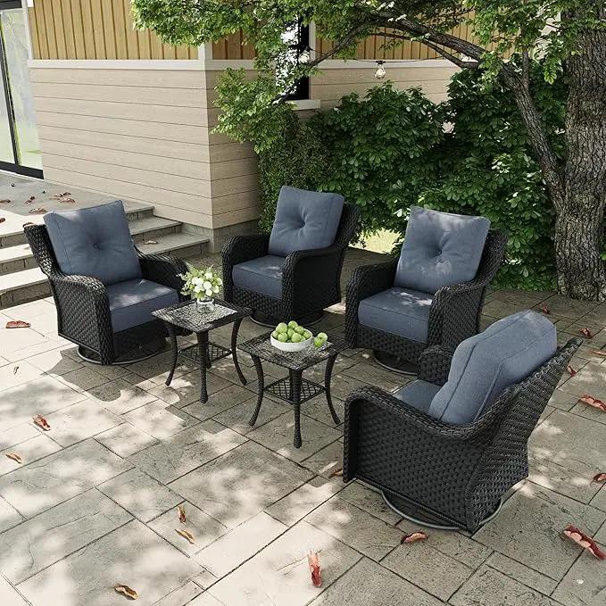 6 Pieces Outdoor Patio Furniture Sets with Rocking Swivel Chairs with 6-inch Thick Cushion and Side Table for Deck Lawn by GreenHaven Gardens