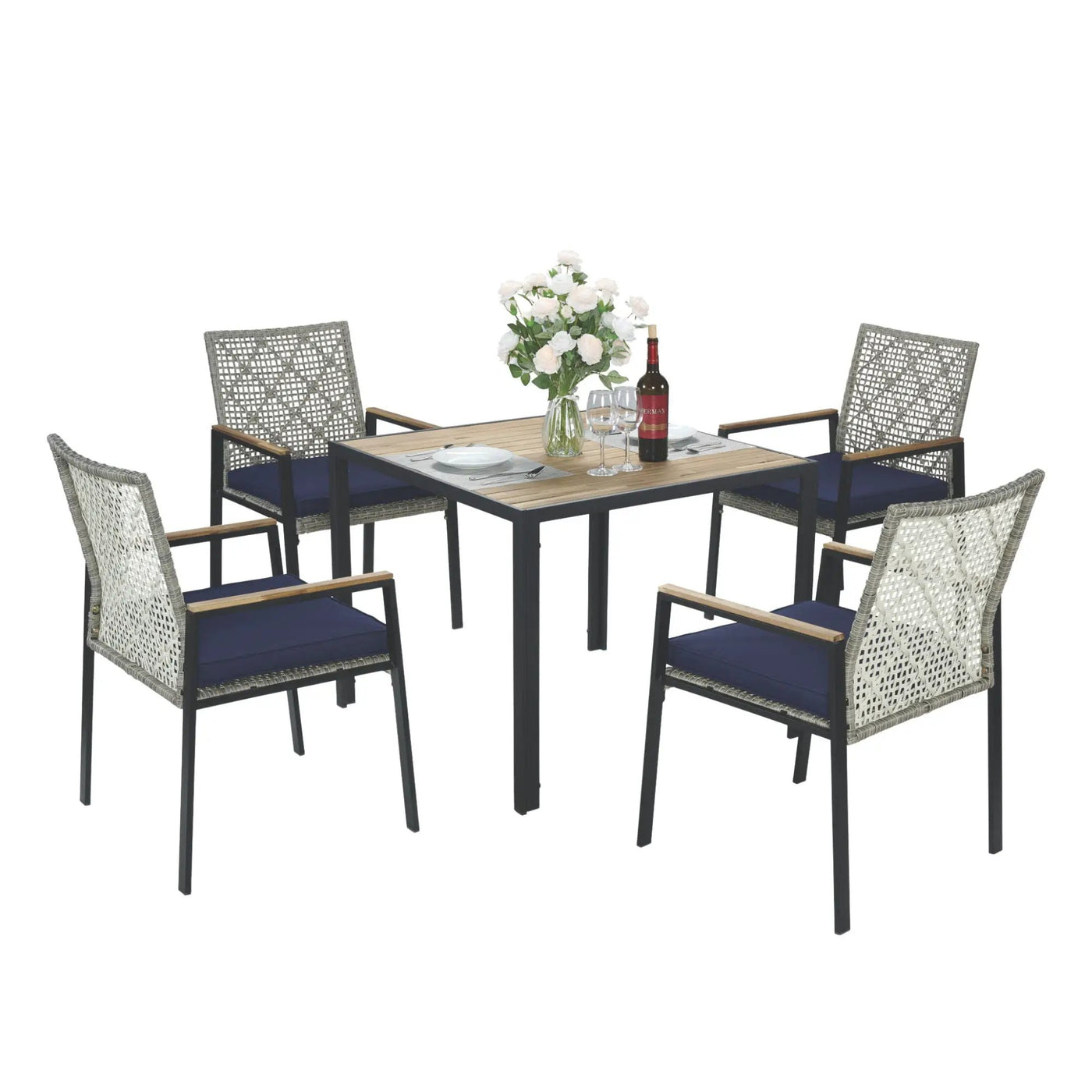 5 Piece Patio Dining Table Set, Acacia Wood Table Top With Umbrella Hole by HouseOfZazla
