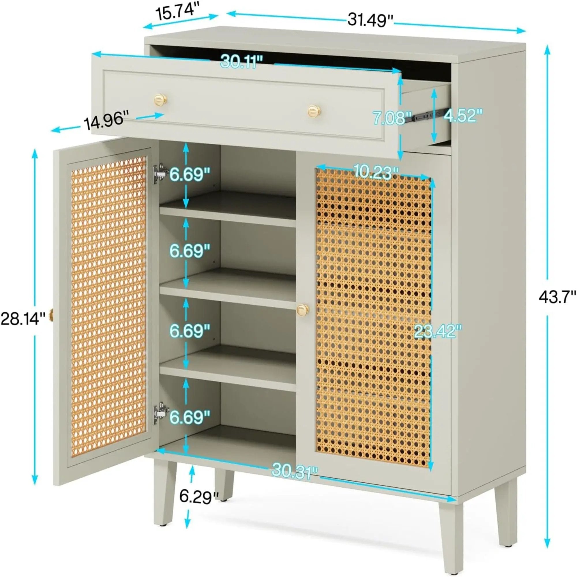 Shoe Cabinet With Rattan Doors And Drawer, 4 Tier Storage Organizer - Mint Green by HouseOfZazla