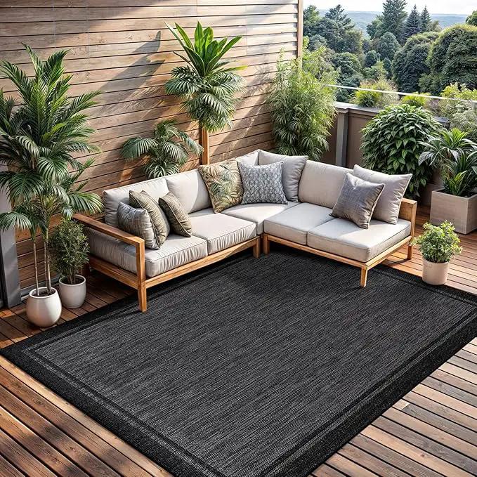 CAMILSON Indoor Outdoor Rug, 8x10 Bordered Dark Gray Black Modern Area Rugs for Indoor and Outdoor Patios, Kitchen and Hallway Mats, Washable Porch Deck Outside Carpet (Bordered Black, 8 x 10) by GreenHaven Gardens