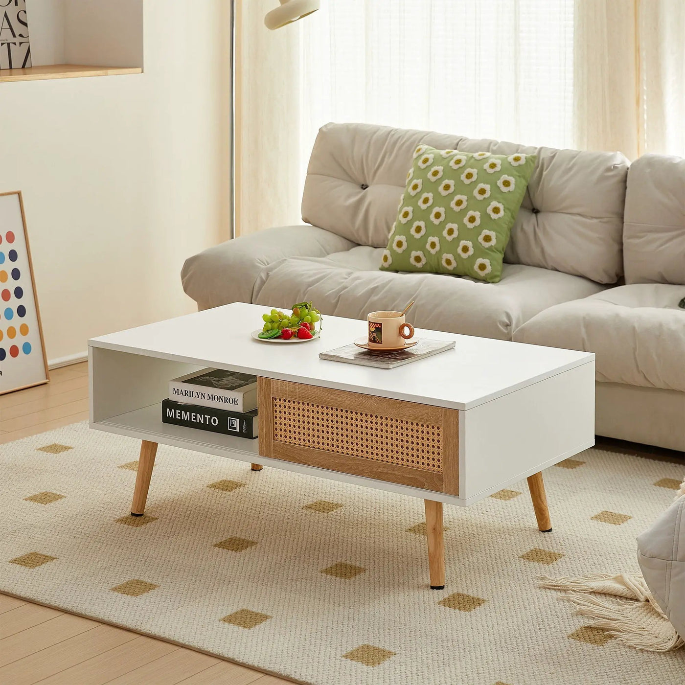 41.34" Rattan Coffee Table, Sliding Door For Storage, Solid Wood Legs, Modern Table For Living Room by HouseOfZazla