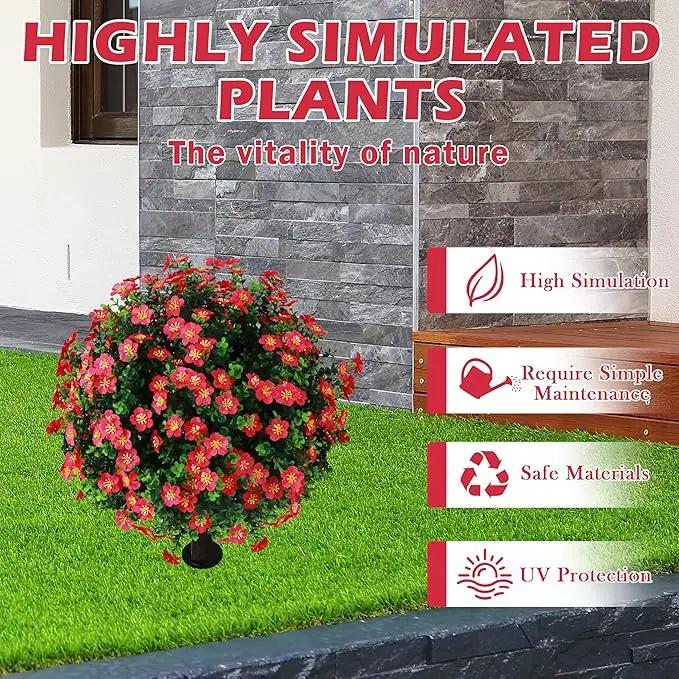Sunnyglade Set of 2 Artificial Boxwood Topiary Ball Trees with Red Flower, Faux Shrub Bushes with Ground Spike 25.5", UV Resistant Fake Boxwood Plants for Indoor, Garden, Porch, Patio Decor (Red) by GreenHaven Gardens