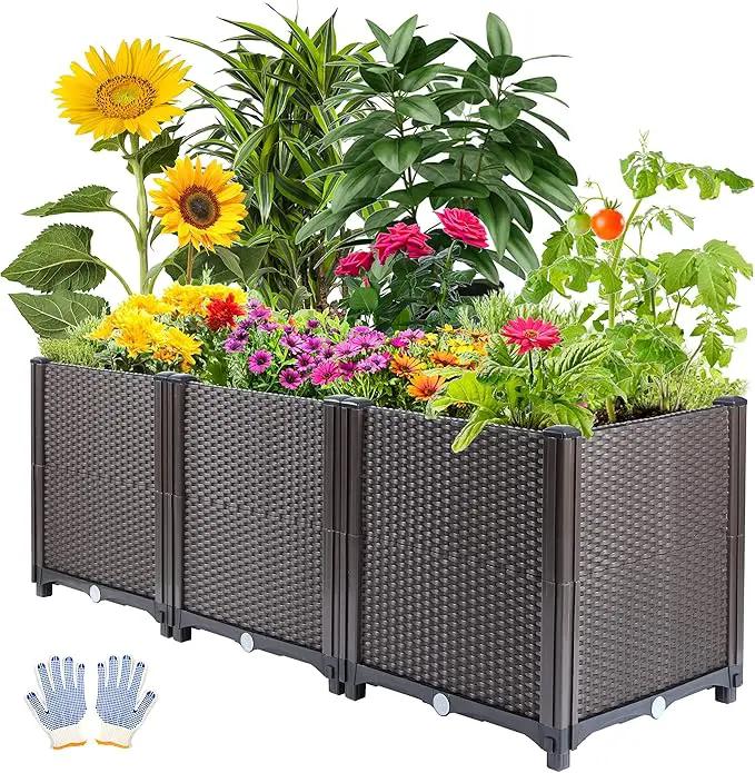 Emalie Deep Raised Garden Beds Large Plastic Planter Box with Drainage Plugs for Veggies Flowers Herbs Deep Root Plants Growing, 47.2" Lx15.7 Wx16.9 H Brown by GreenHaven Gardens
