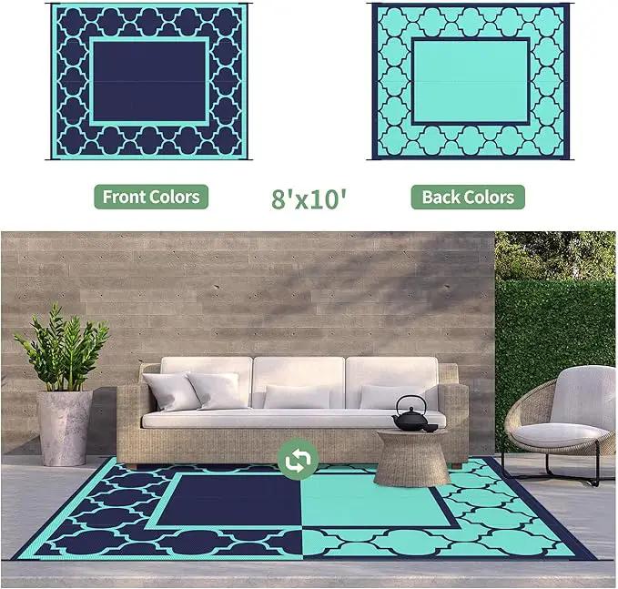 GENIMO 8 ' x 10 ' Outdoor Rug for Patio, Waterproof Indoor Outdoor Plastic Straw Rugs Carpet, Reversible Outside Area Mat for Camping, Balcony Porch, Deck, Picnic, Beach Navy Blue & Jade Green by GreenHaven Gardens