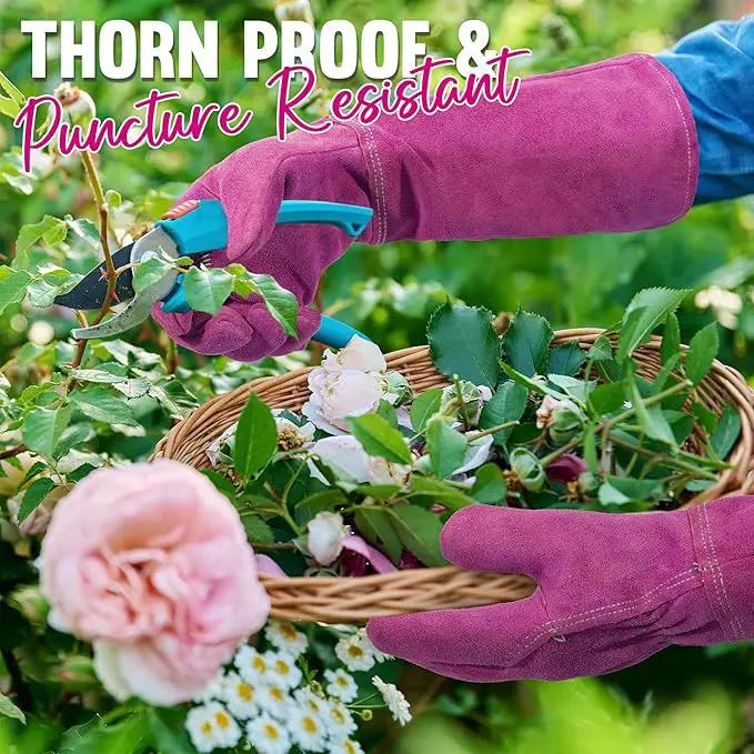 HANDLANDY Ladies Leather Gardening Gloves, Thorn Proof Women Rose Pruning Garden Yard Glove, Heavy Duty Long Sleeve Gloves (Small, Rosy) by GreenHaven Gardens