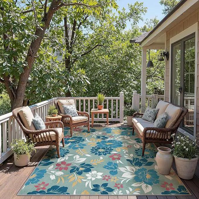 GENIMO Indoor Outdoor Area Rug 8' X 10' Waterproof, Washable Patio Rug Non Shedding, Easy Cleaning Floral Outdoor Carpet for Living Room, Bedroom, Dining Room, Balcony, Backyard, Deck, RV, Blue Grey by GreenHaven Gardens