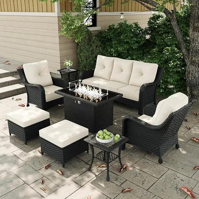7 Pieces Outdoor Patio Furniture Sets with Single Chairs with 6-inch Thick Cushion and Fire Pit Table for Deck Lawn by GreenHaven Gardens