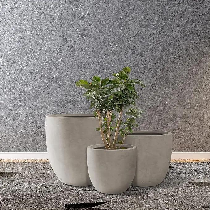 Kante 18",14",10" Dia Concrete Round Planters (Set of 3), Outdoor Indoor Large Planter Pots with Drainage Hole and Rubber Plug for Home Patio Garden, Buff Concrete by GreenHaven Gardens