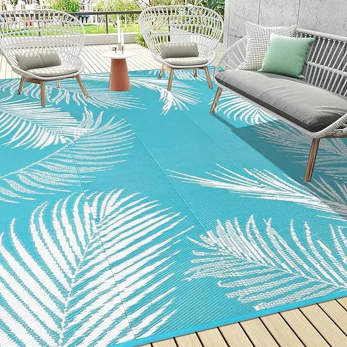 Pauwer Waterproof Outdoor Rug 9x12, Reversible Plastic Straw Patio Camping Rug, Indoor Outdoor RV Mat Carpet for Deck, Camper, Porch, Balcony, Backyard, Picnic, Leaf Teal by GreenHaven Gardens