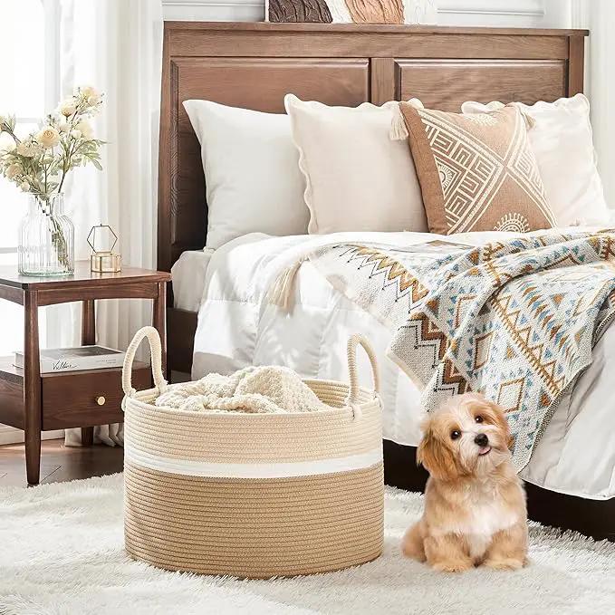 KAKAMAY Large Blanket Basket (20"x13"),Woven Baskets for storage Baby Laundry Hamper, Cotton Rope Blanket Basket for Living Room, Laundry, Nursery, Pillows, Baby Toy chest (White and Brown) by GreenHaven Gardens