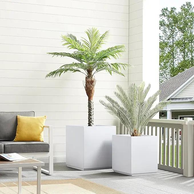 Metallic Heavy Planter Box for Outdoor or Indoor, No Assemble and Seamless, Large Square Planter, Cube Planter for Tall Trees, Plants, Flowers 21Lx21Wx24H 35Pounds White by GreenHaven Gardens