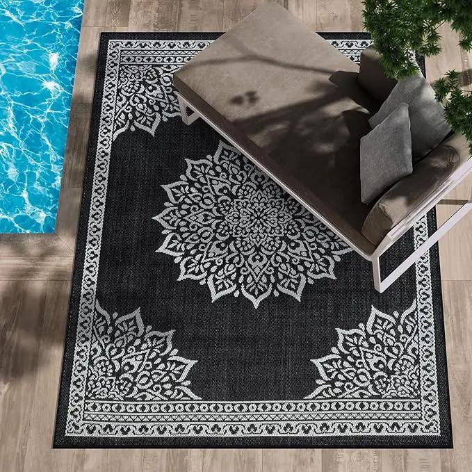 CAMILSON Indoor Outdoor Rug, 10x14 Medallion Black White Modern Area Rugs for Large Indoor and Outdoor Patios, Kitchen and Hallway Mats, Washable Porch Deck Outside Carpet (Medallion Black, 10 x 14) by GreenHaven Gardens