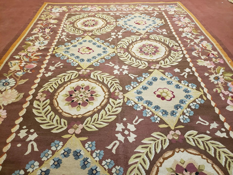 Aubusson Rug 6 x 9 Flat Weave Area Carpet European Design Flowers New Brown Rug Handmade Wool Hand-Knotted Aubusson Weave Medium Rug 6x9 by Jewel Rugs