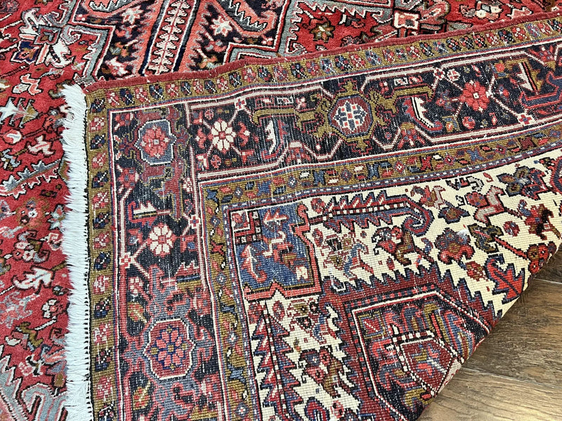 Large Persian Heriz Rug 10x13, Wool Hand Knotted Antique Carpet, Red and Ivory, Geometric Tribal Room Sized Rug, Decorative Oriental Rug by Jewel Rugs