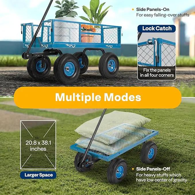 VIVOHOME Heavy Duty 880 Lbs Capacity Mesh Steel Garden Cart Folding Utility Wagon with Removable Sides and 4.10/3.50-4" Wheels 10 inch Tire (Blue) by GreenHaven Gardens