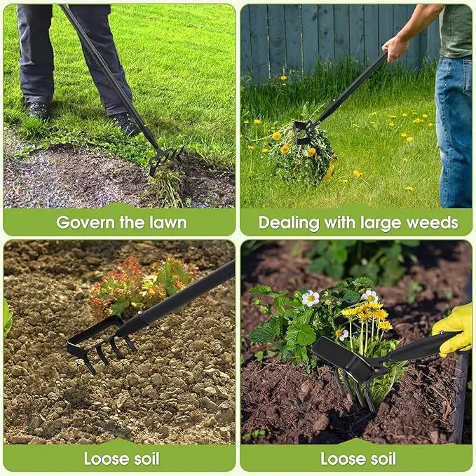 Weed Puller Gardening Tools, Hula Garden Hoe and 4 Tines Rake 2-in-1 Garden Tools for Weeding, Action Stirrup Hoe with 37"-62" Adjustable Long Handle for Lawn,Vegetable Garden Loose Soil and Weeding by GreenHaven Gardens