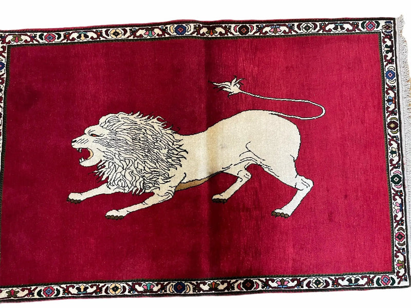 4 X 6 Handmade Hand-Knotted Quality Wool Rug Zagros Lion Red Ivory Tribal Rug by Jewel Rugs