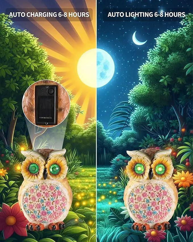 Hand-Painted Resin Owl Figurine with Glow-in-The-Dark Eyes, Solar-Powered Garden Decor 5.5'' Lawn Ornaments Statue Gardening Gifts for Outside Yard Art Patio (Owl) by GreenHaven Gardens