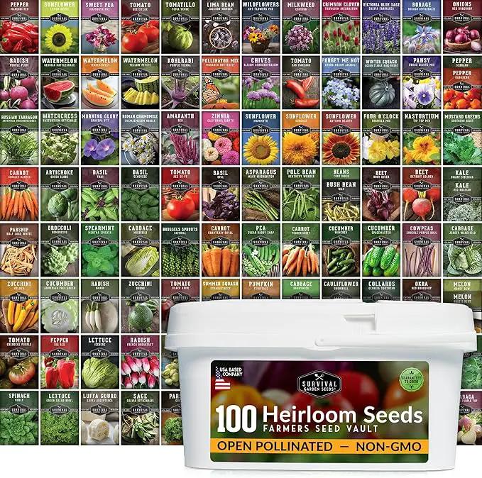 Survival Garden Seeds Farmer Seed Vault - 100 Packets Non-GMO Heirloom Vegetable, Fruits, Herb Seed Varieties for Planting a Victory Garden - Plant & Grow Survival Food - Emergency Preparedness Gear by GreenHaven Gardens