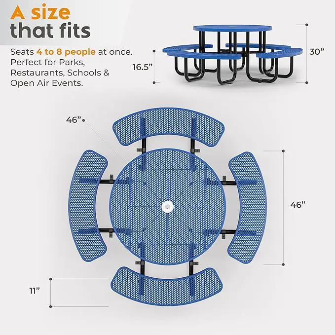 Metal Picnic Tables for Outdoors with Umbrella Hole - Coated Steel Heavy Duty Commercial Grade Table with Adjustable Seats (Blue, 46 in, Round, Expanded Steel) by GreenHaven Gardens