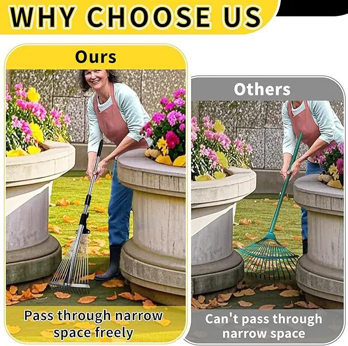 2 Pack Garden Rake for Leaves,Heavy Duty Metal Adjustable Leaf Rake for Lawns,Long Handle 33"-69" with Expandable Head 8"-15",Garden Tools for Yard Lawn Shrub Garden Beds by GreenHaven Gardens