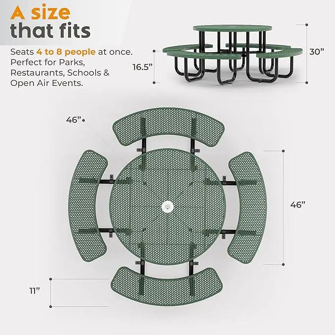 Metal Picnic Tables for Outdoors with Umbrella Hole - Coated Steel Heavy Duty Commercial Grade Table with Adjustable Seats (Green, 46 in, Round, Expanded Steel) by GreenHaven Gardens
