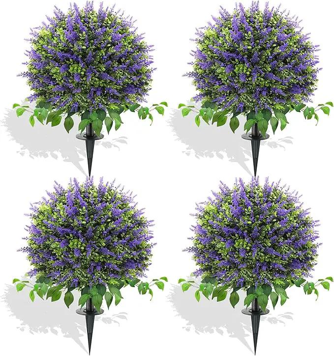 28" Artificial Boxwood Topiary Ball with Lavender, UV Resistant Topiary Tree Faux Boxwood Ball Shaped Porch Bushes with Ground Spike Artificial Bushes for Outdoors Front Door Decor Home Garden by GreenHaven Gardens