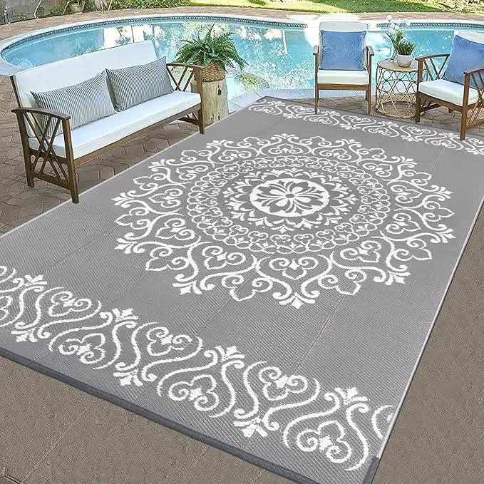 Pauwer Waterproof Outdoor Rug 6x9, Reversible Plastic Straw Patio Camping Rug, Indoor Outdoor RV Mat Carpet for Deck, Camper, Porch, Balcony, Backyard, Picnic, Floral Grey by GreenHaven Gardens