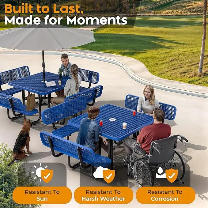 Metal Picnic Tables for Outdoors with Umbrella Hole - Coated Steel Heavy Duty Commercial Grade Table with Adjustable Seats (Blue, 46 in, Square with Back, Expanded Steel) by GreenHaven Gardens