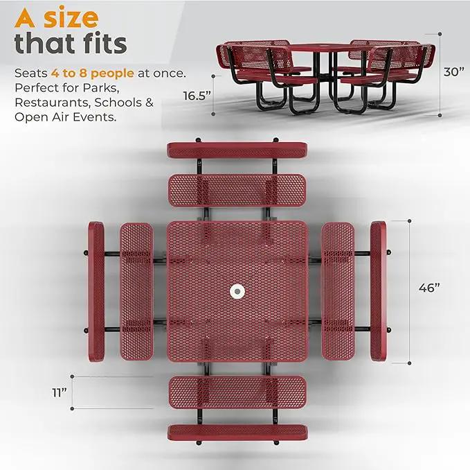 Metal Picnic Tables for Outdoors with Umbrella Hole - Coated Steel Heavy Duty Commercial Grade Table with Adjustable Seats (Red, 46 in, Square with Back, Expanded Steel) by GreenHaven Gardens