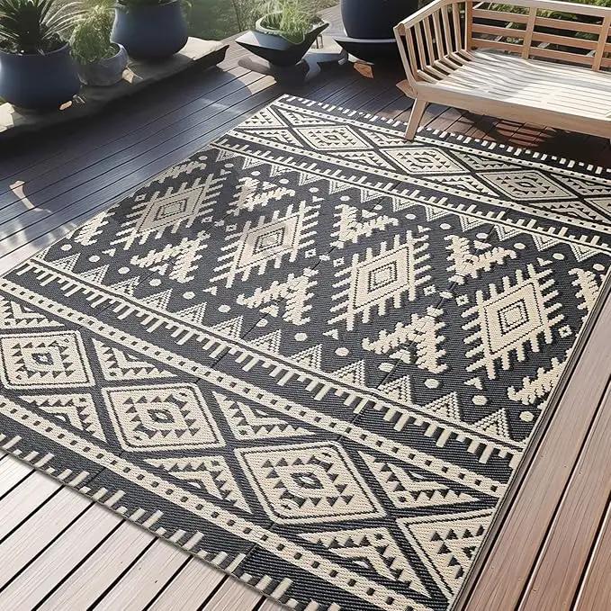 OLANLY Outdoor Rug Waterproof 5x8 ft, Reversible Outdoor Plastic Straw Rug, Boho Patio Rug, Indoor Outdoor Carpet, RV Mat Outside for Patio, Camp, Picnic, Balcony, Deck, Backyard, Black & Beige by GreenHaven Gardens