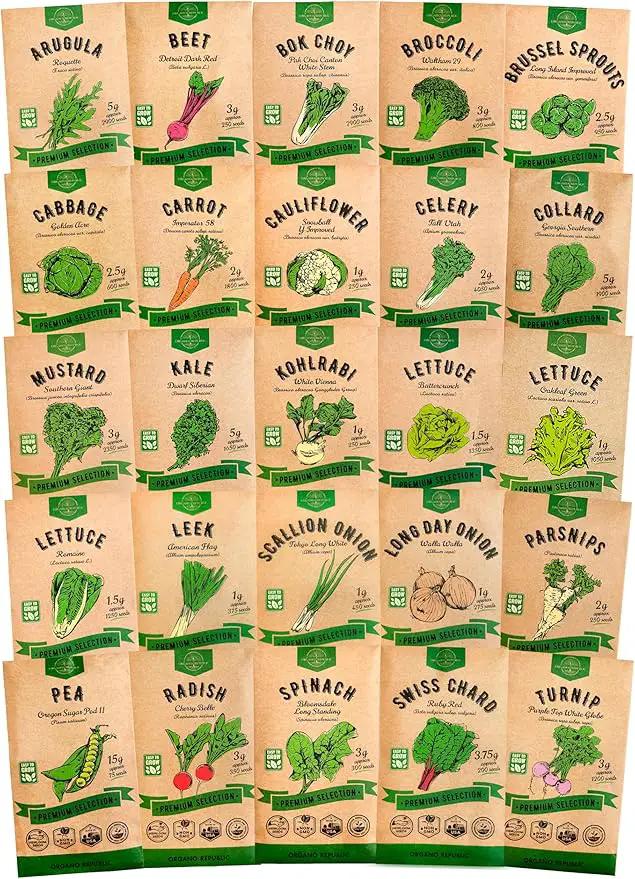 Organo Republic 25 Winter Vegetable Garden Seeds Variety Pack for Outdoors & Indoor Home Gardening 6500+ Non-GMO Heirloom Seeds: Broccoli Beet Carrot Collard Lettuce Radish Spinach Pea Kohlrabi by GreenHaven Gardens