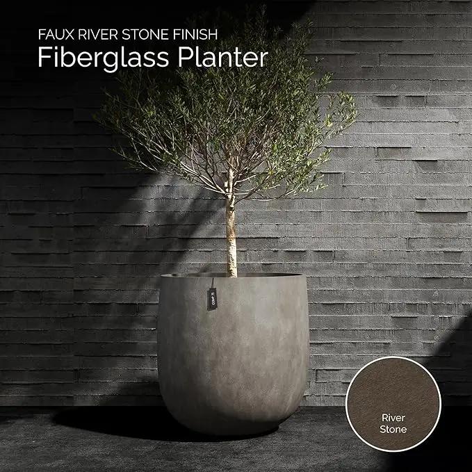Mondo Large Planter – River Stone Finish – Fiberglass Indoor/Outdoor and Weather-Resistant Round Planter (39.4" D x 39.4" H Exterior, 37.8" D x 39.4" H Interior) by GreenHaven Gardens