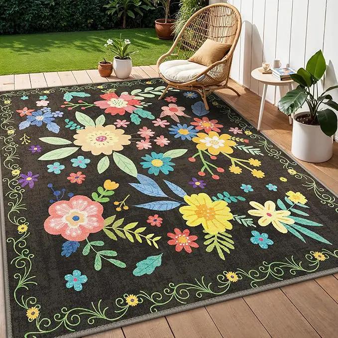 GENIMO Indoor Outdoor Area Rug 5' X 7' Waterproof, Washable Patio Rug Non Shedding, Easy Cleaning Floral Outdoor Carpet for Living Room, Bedroom, Dining Room, Balcony, Backyard, Deck, RV, Black by GreenHaven Gardens