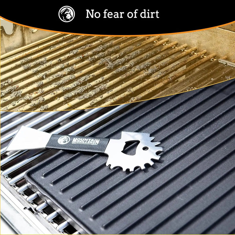 Mountain Grillers BBQ Grill Grate Scraper - Wide Portable Grill Scrubber for Outdoor Grill, Griddle, Smoke or Oven Grates - Non Slip Stainless Steel Grill Cleaning Tools with Built-in Bottle Opener by GreenHaven Gardens