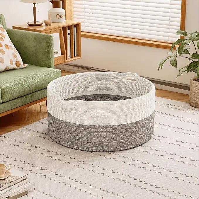 125L Extra Large Blanket Basket, 25" x 16", Jumbo Laundry Woven Basket Decorative Home, Cotton Rope Basket with Handles, Baby Toy Basket for Storage, White & Gray, 2PC by GreenHaven Gardens