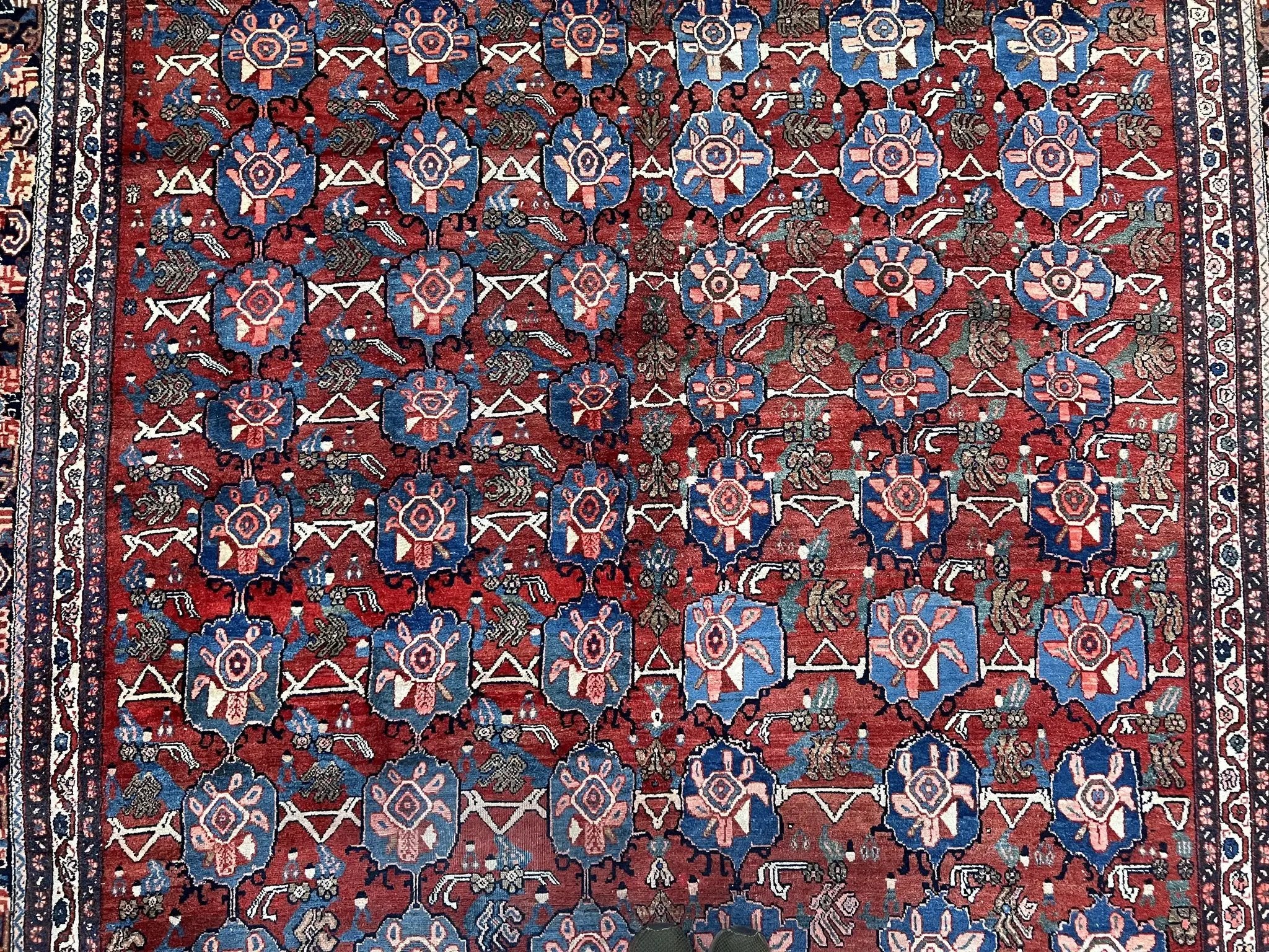 Antique Persian Bijar Rug 9x12 - Allover Motif, Red & Blue by Jewel Rugs