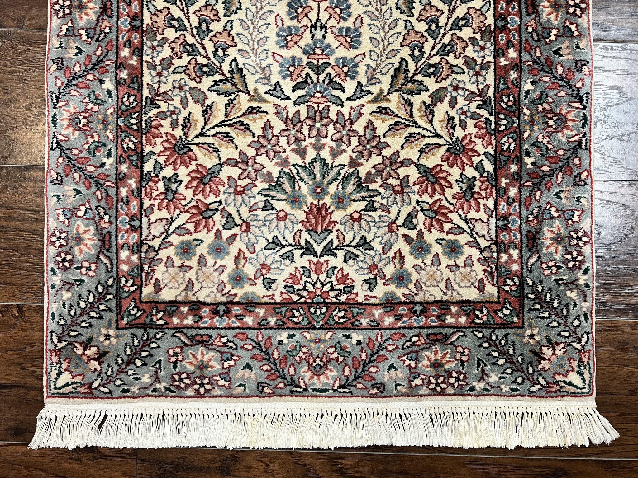 Sino Persian Runner Rug 2.7 x 10, Floral Kirman Lavar Carpet for Hallway, Cream, Handmade Wool Vintage Rug by Jewel Rugs