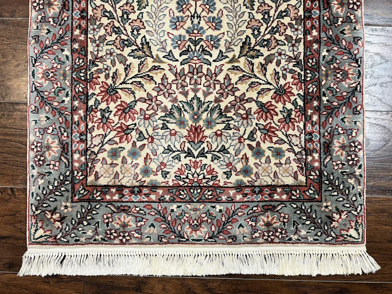 Sino Persian Runner Rug 2.7 x 10, Floral Kirman Lavar Carpet for Hallway, Cream, Handmade Wool Vintage Rug by Jewel Rugs