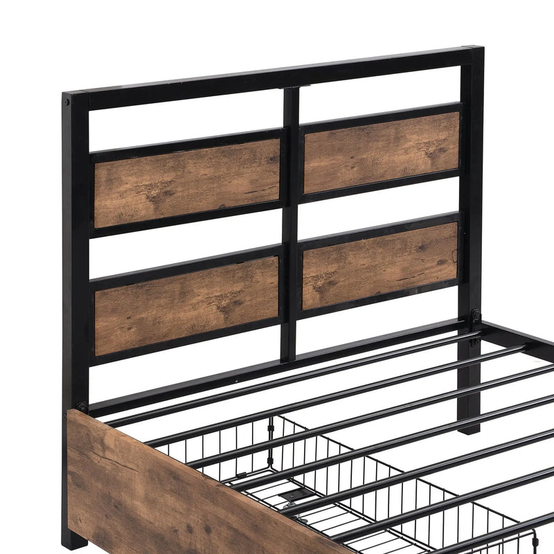Twin Size Platform Bed With Headboard And Footboard, 2 Storage Drawers And Rotatable TV Stand - Black by HouseOfZazla