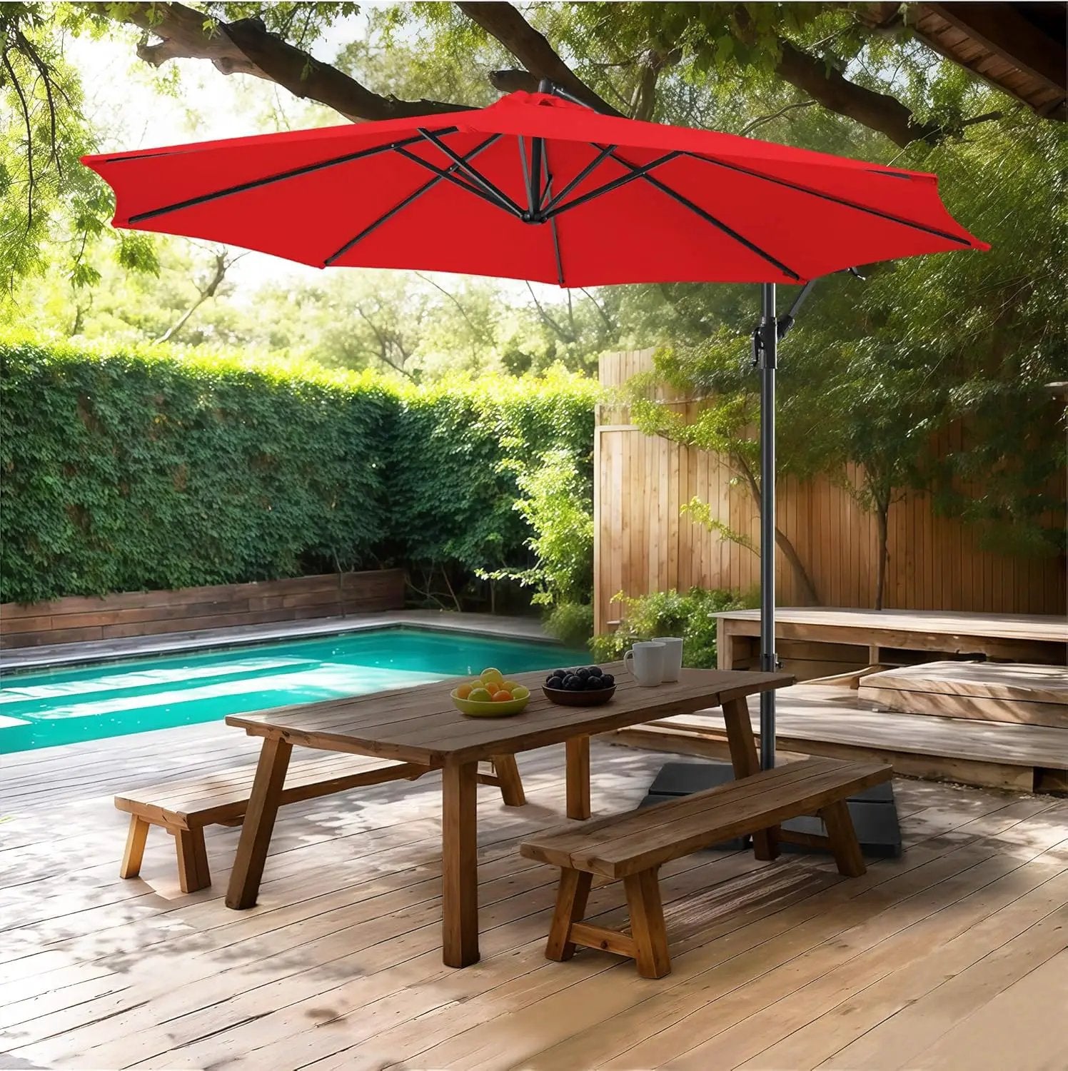 FLAME&SHADE 10ft Cantilever Patio Umbrella Outdoor, Large Offset Umbrella with Crank and Cross Base, UPF 50+ UV Protection Hanging Umbrella for Pool Deck Garden, Red by GreenHaven Gardens