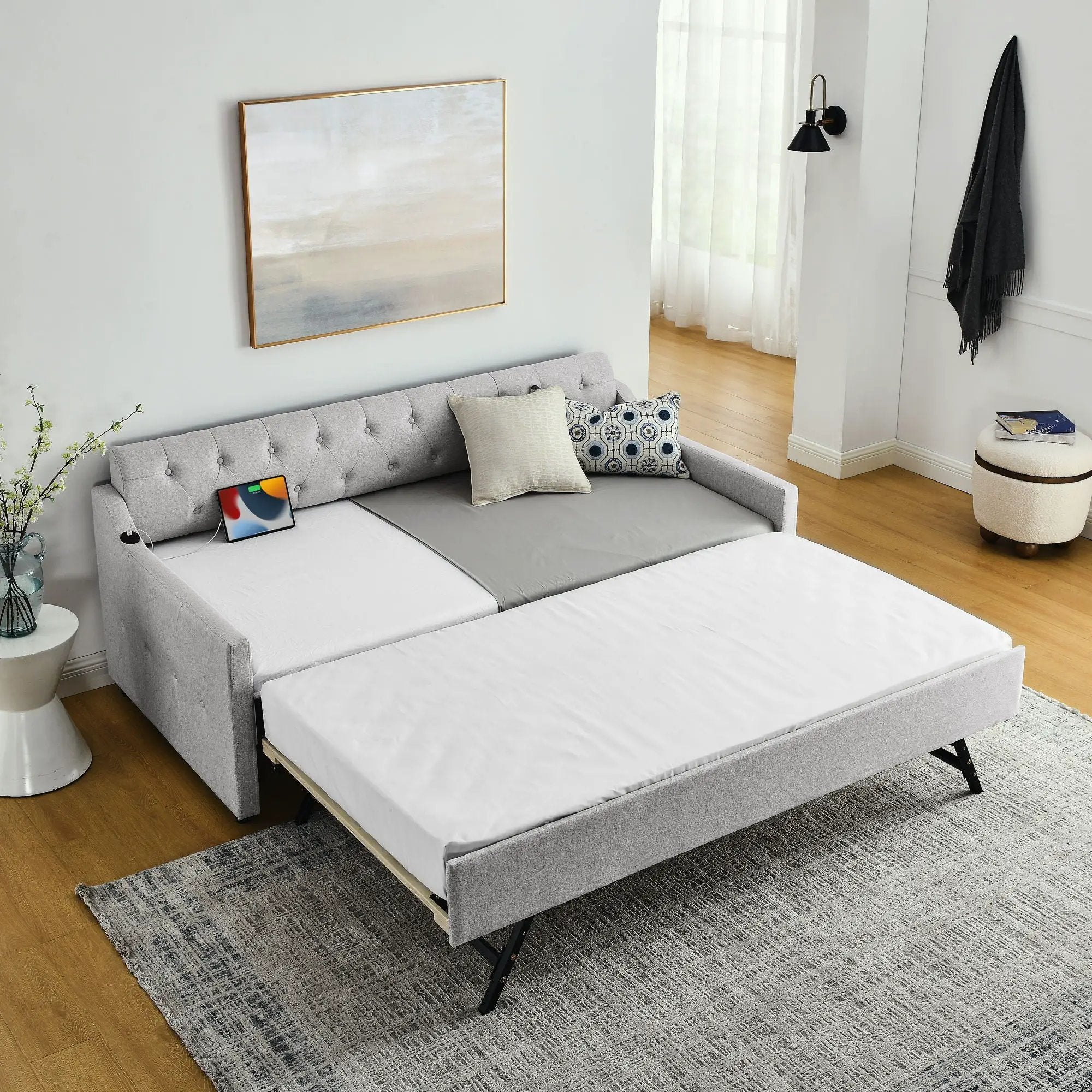 Size Upholstered Daybed With Trundle And USB Charging Armrest by Unique Piece Furniture