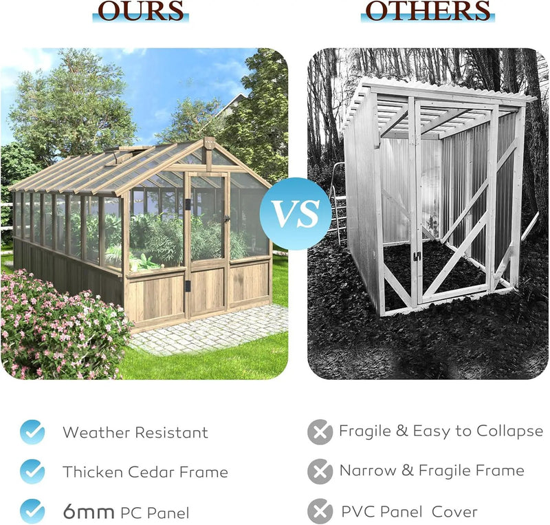 8x16 FT Greenhouse for Outdoor, 6MM Thick Polycarbonate Panel Wooden Walk-in Green House with Adjustable Roof Vents and Lockable Door, Backyard Garden, Light Mocha Brown by GreenHaven Gardens
