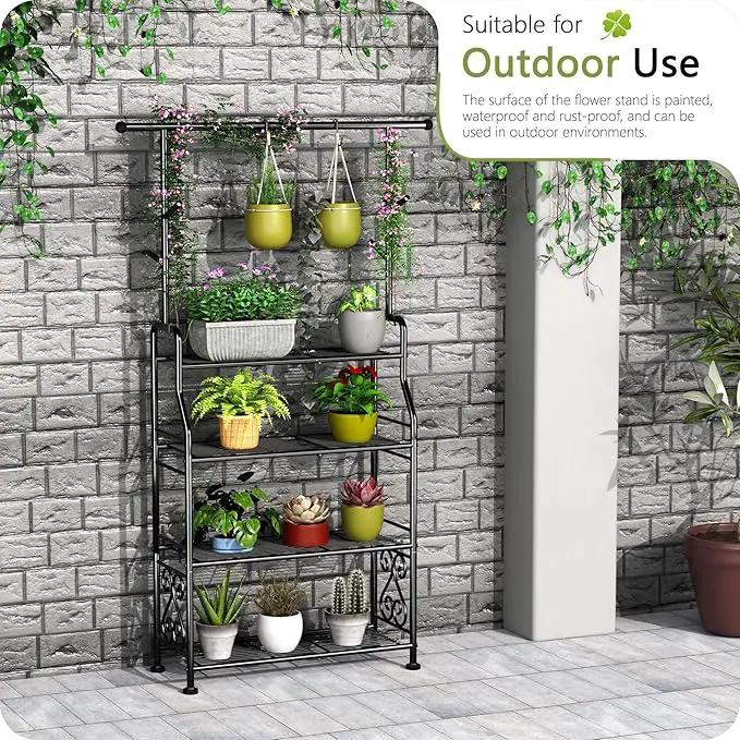 GIOTORENT Plant Stand Indoor Outdoor, 4-Tier Heavy Duty Metal Shelves, Display up to 17 Multiple Plants, Tall Plant Holder with Plant Hanger, Suit for Patio Living Room Garden Balcony, 5 Hooks, Black by GreenHaven Gardens