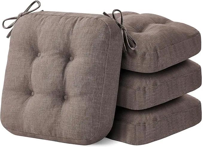 Chair Cushions for Dining Chairs, Dining Chair Cushions, Tufted Indoor Chair Pads with Ties & Non Slip Backing, Seat Cushions for Kitchen Chairs 16.5” x 16.5” x 3.5”, Set of 4, Light Brown by GreenHaven Gardens