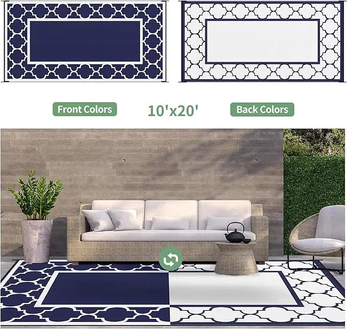GENIMO 10 ' x 20 ' Outdoor Rug Waterproof for Patio Decor, Foldable Reversible Plastic Straw Area Rugs Mat for Camper, Outside Carpet for Rv, Deck, Porch, Picnic, Beach, Balcony, Blue & White by GreenHaven Gardens