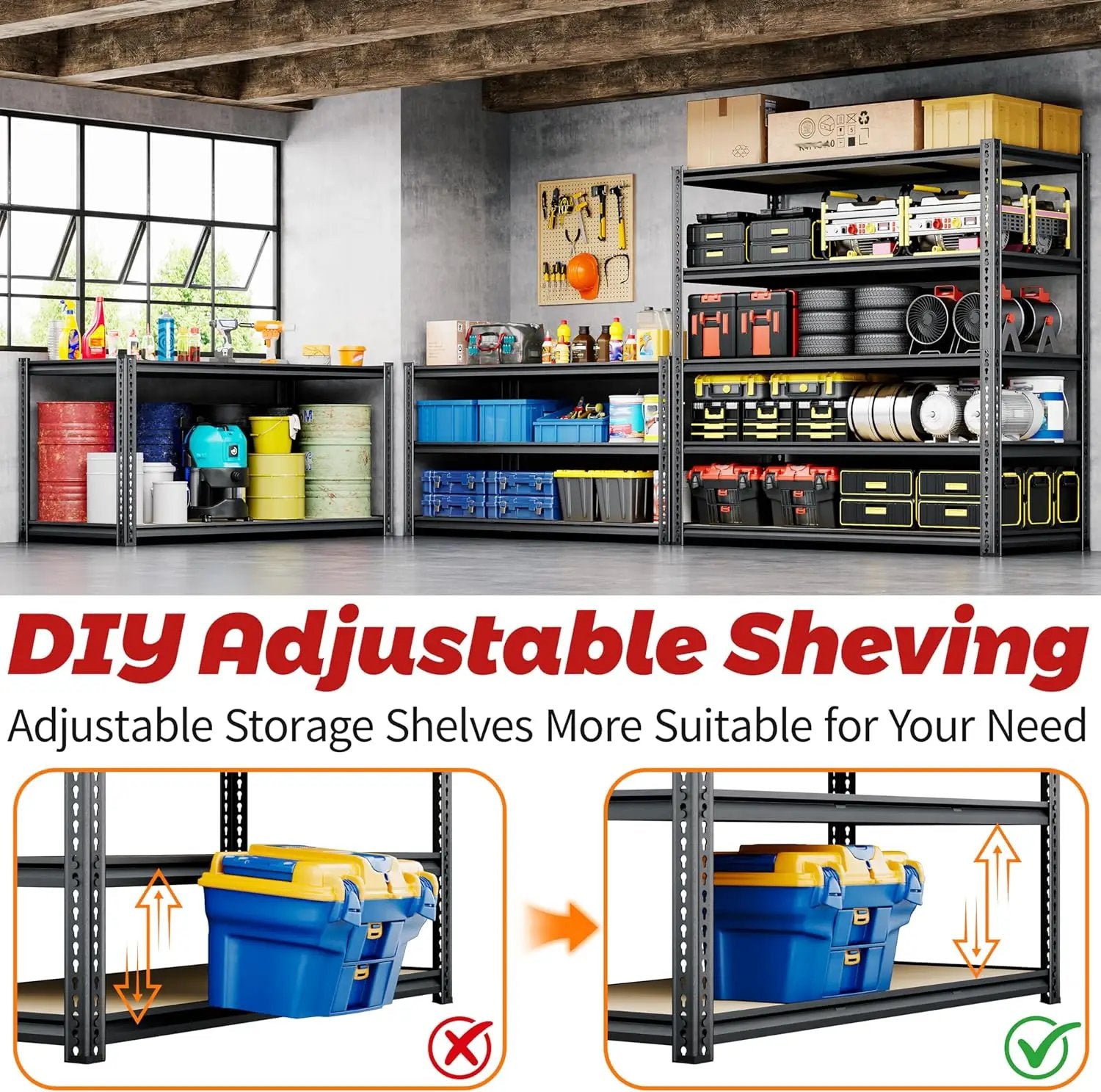 48"W Garage Shelving, 3050LBS Storage Shelves heavy duty, 5 Tier Metal Shelving Unit Adjustable Garage Shelves Heavy Duty Shelving for Warehouse,Commercial, Kitchen, 48" W × 24" D × 72" H, Black by GreenHaven Gardens