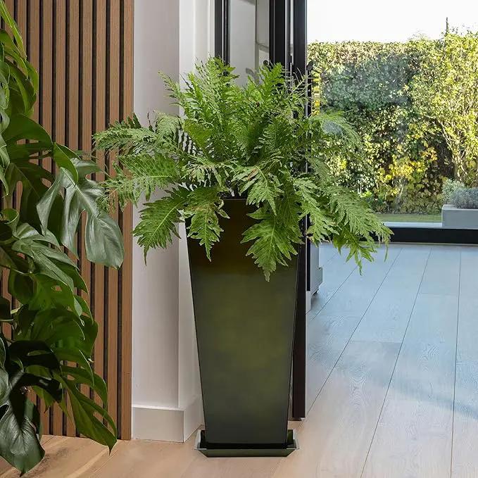WORTH Garden 25" Large Metal Glazed Planter Set of 2, Luxurious Glossy Finish Green Tall Square Tapered Steel Plant Pots, Decor Flower Pot Indoor & Outdoor, Drainage Hole & Dual-Purpose Plant Saucer by GreenHaven Gardens