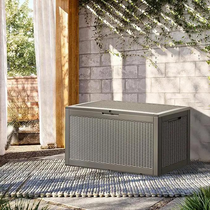 100 Gallon Resin Deck Box, Waterproof Outdoor Storage Bin for Patio Furniture, Pool Accessories, and Garden Tools, Lockable & UV-Resistant, Grey by GreenHaven Gardens