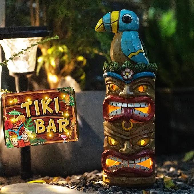 Tiki Totem Pole-Solar Tiki Statue Head Decor - 12.32 inch Tall Tiki Decorations for Tiki Bar Outdoor Patio Balcony Yard Backyard by GreenHaven Gardens